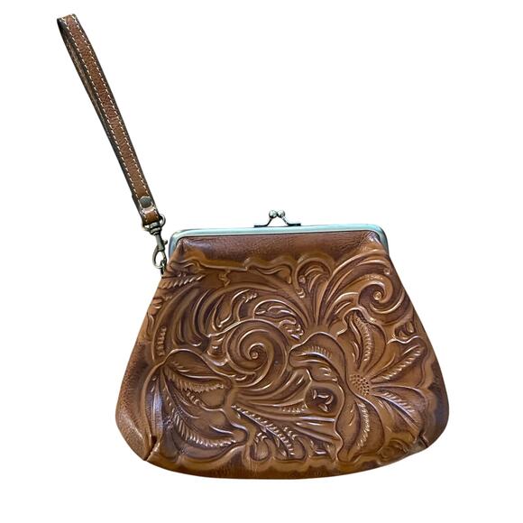 Patricia Nash Handbags - Patricia Nash Leather Wristlet Bag Brown Floral Embossed Kisslock Western Boho